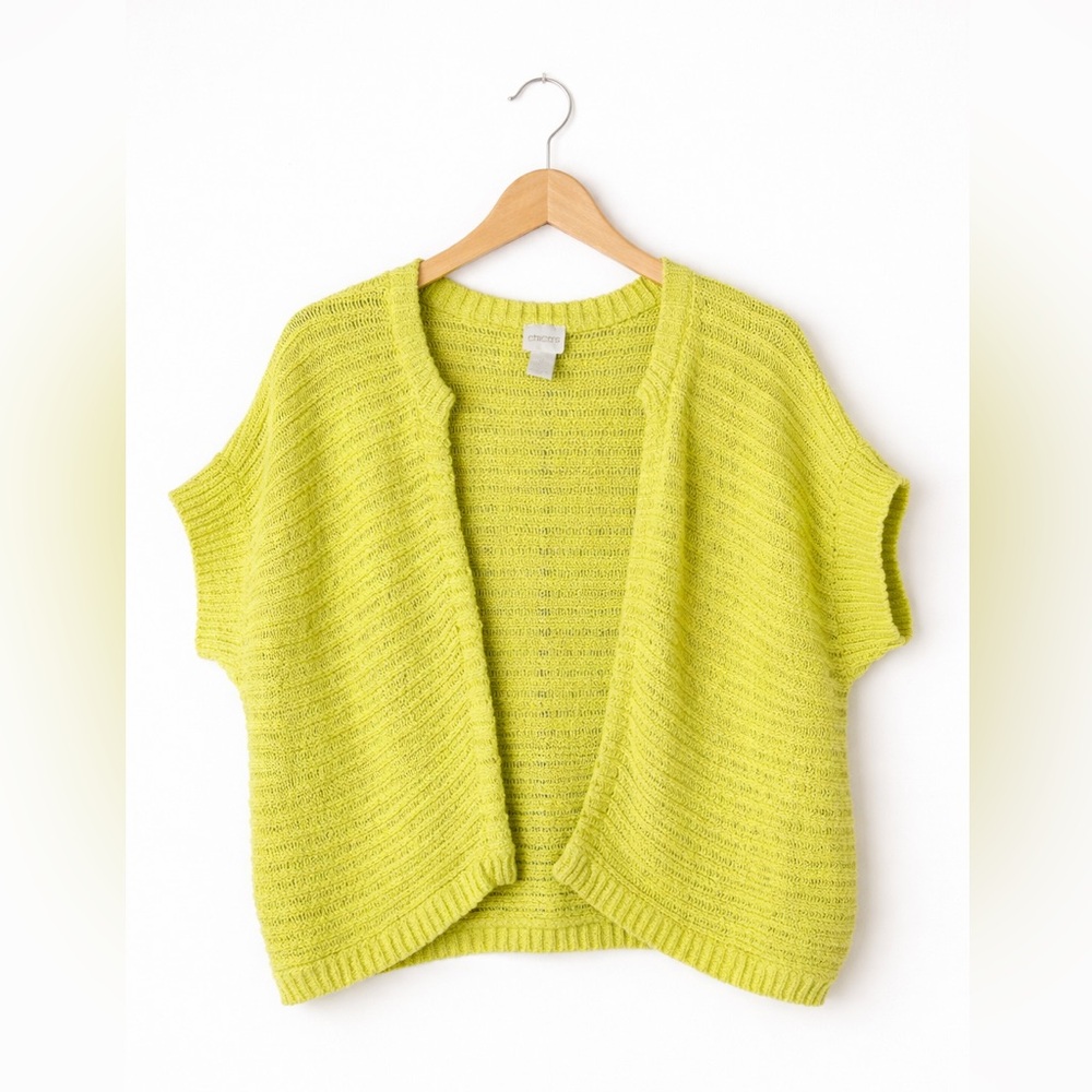 Chico’s Chartreuse Open Front Knit Cardigan Medium Boho Cottagecore Layer
